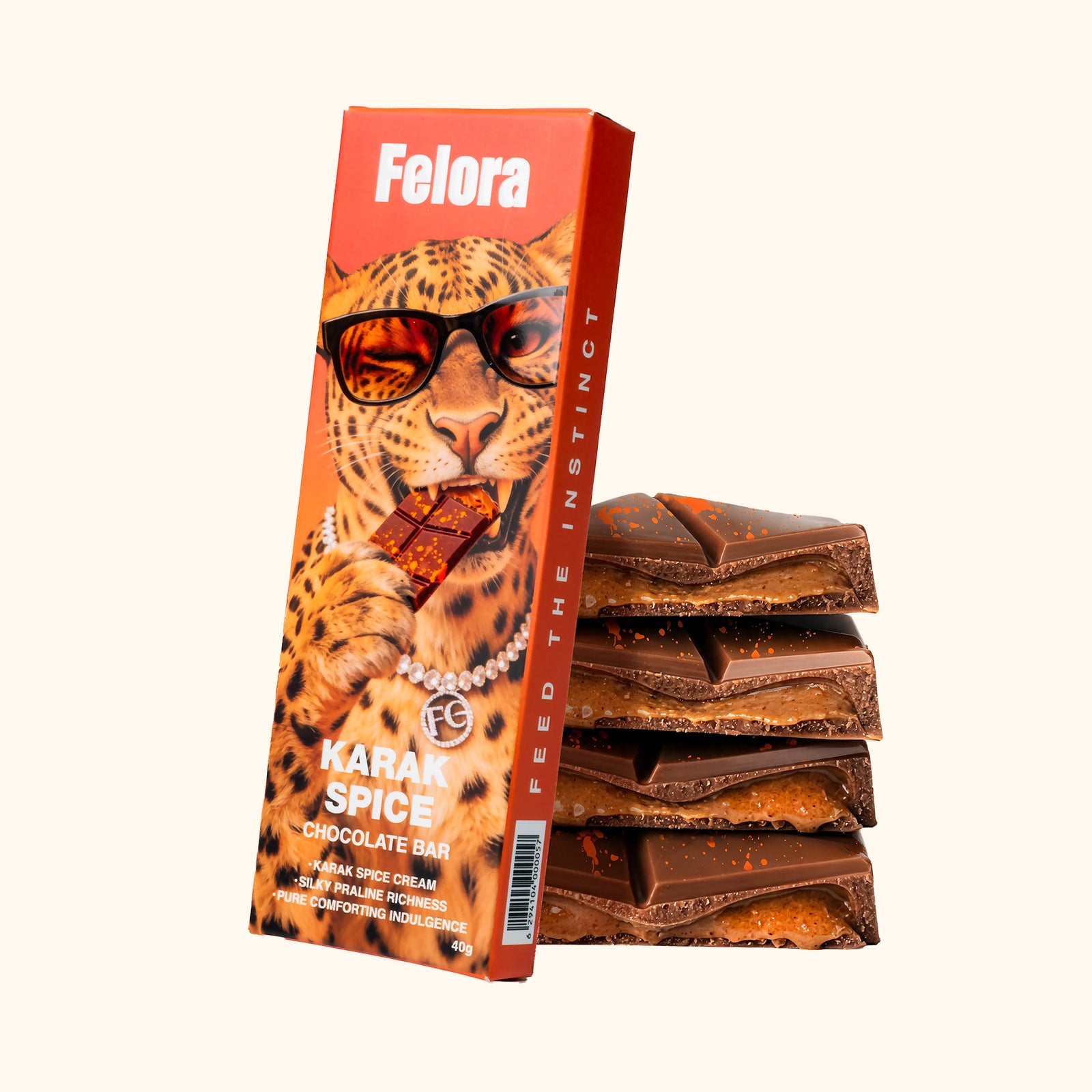 Felora Karak Spice chocolate bar — styled composition
