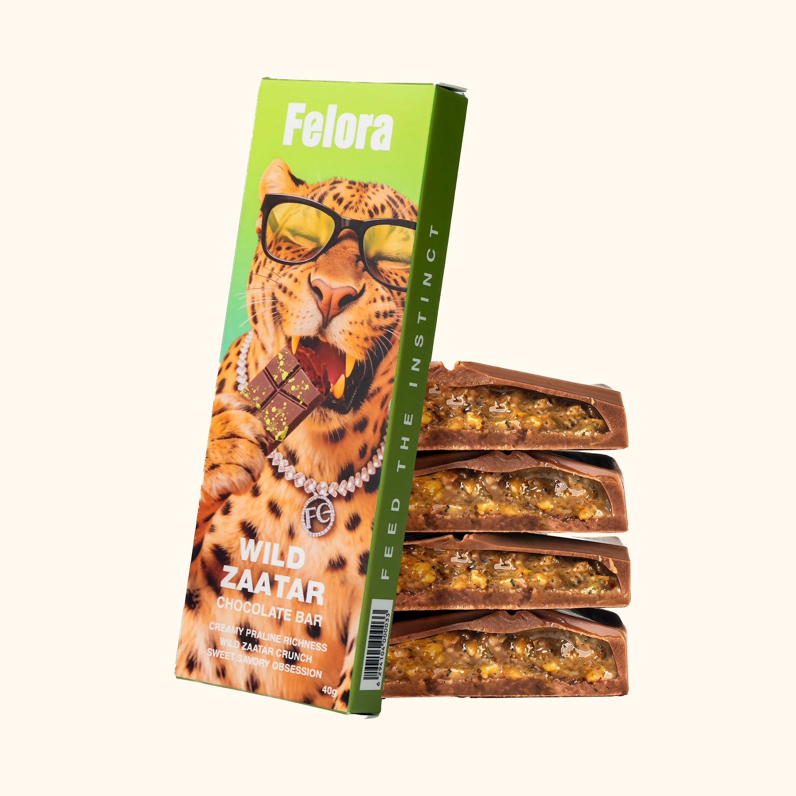 Felora Wild Zaatar chocolate bar — styled composition