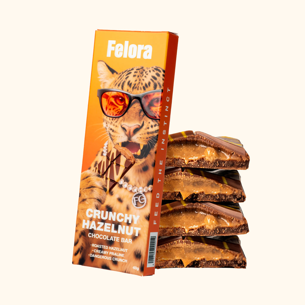 Felora Crunchy Hazelnut chocolate bar — styled composition