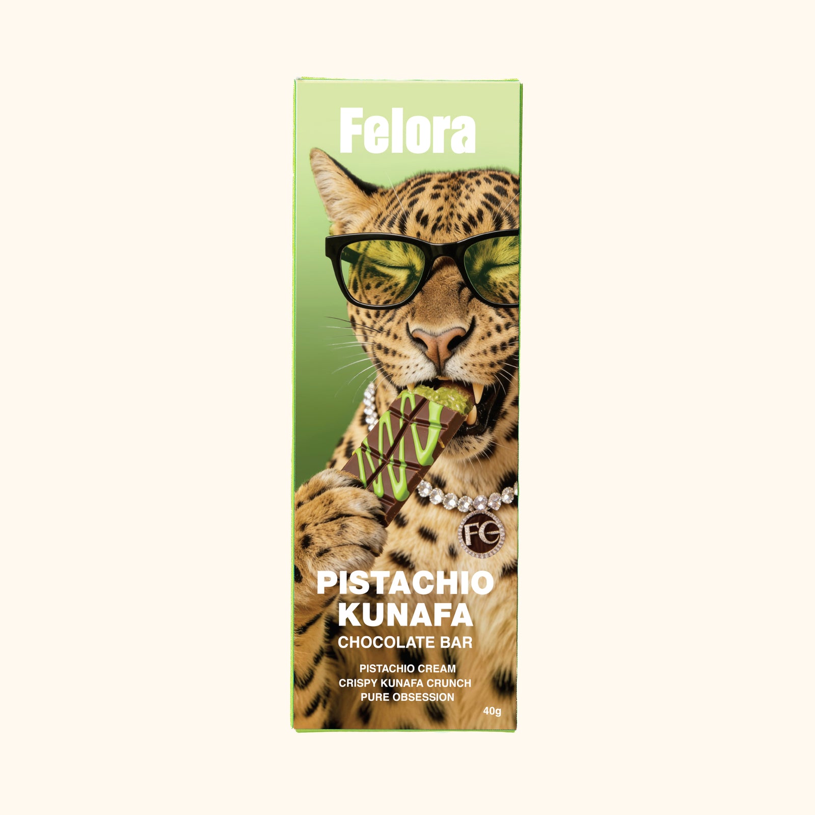 Felora Pistachio Kunafa chocolate bar — packaging front